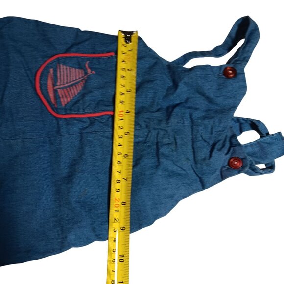 Vintage Blue Denim Baby Overalls 12M Red Buttons & Sailboat Pocket Embroidery - Picture 6 of 6